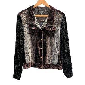 Citron Santa Monica Green Floral Burnout Velvet Button-Up Blouse Small O